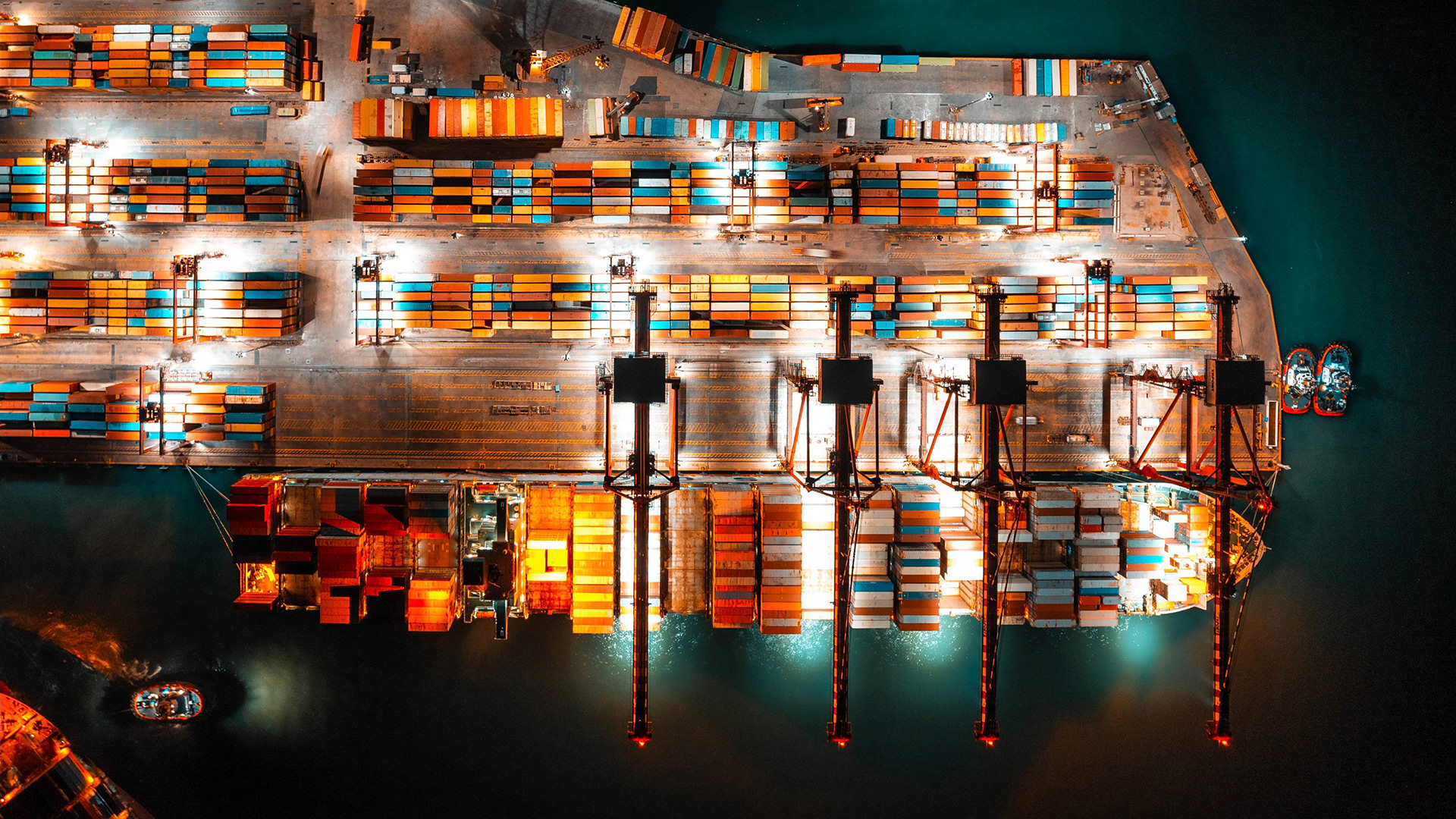 Nigh time overhead picture of cargo containers on a dock